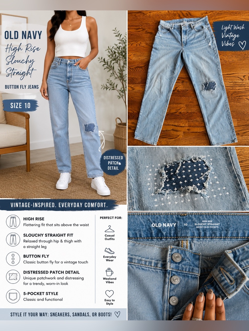Old Navy High Rise Slouchy Straight Jeans Size 10 Button Fly Distressed Patch